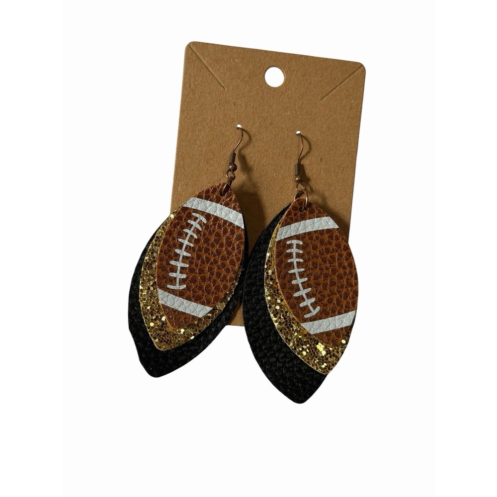 Football Faux Leather Dangle Earrings Gold Glitter Black Brown Game‎ Day Sports